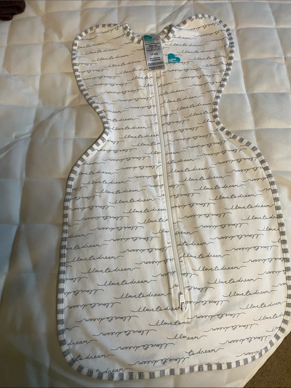 Love to Dream White and Gray Script Swaddle Sack